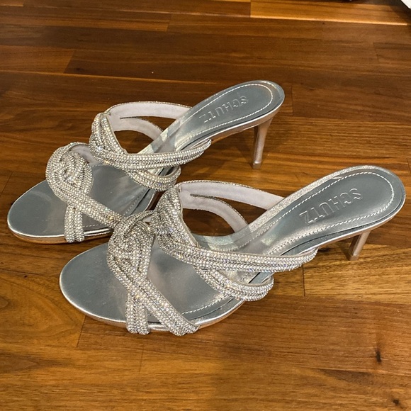 Schutz Jocelyn Mule Leather Glitter Silver Sandal size 7 NEW - Picture 5 of 10